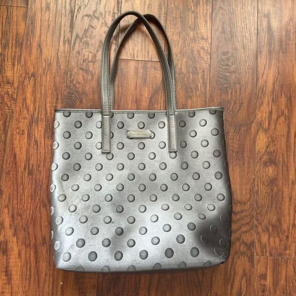 Kate Spade New York Polka Dot Tote Bag Metallic Pewter Gray Shoulder Handbag Lar